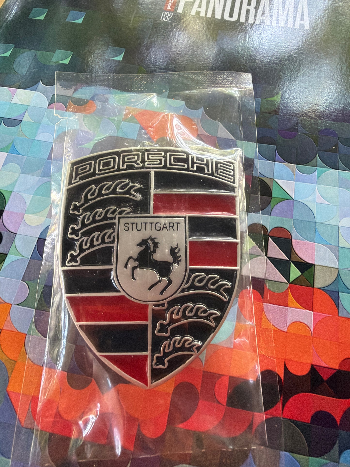 Porsche black & red hood crest emblem