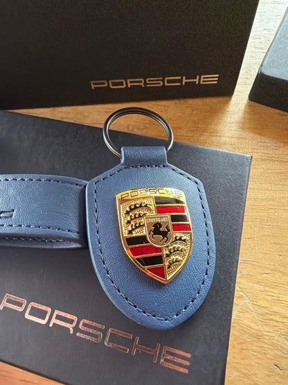 Blowout Sale Porsche Leather Royal Blue Crest Duo Key Fobs