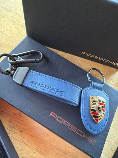 Blowout Sale Porsche Leather Royal Blue Crest Duo Key Fobs
