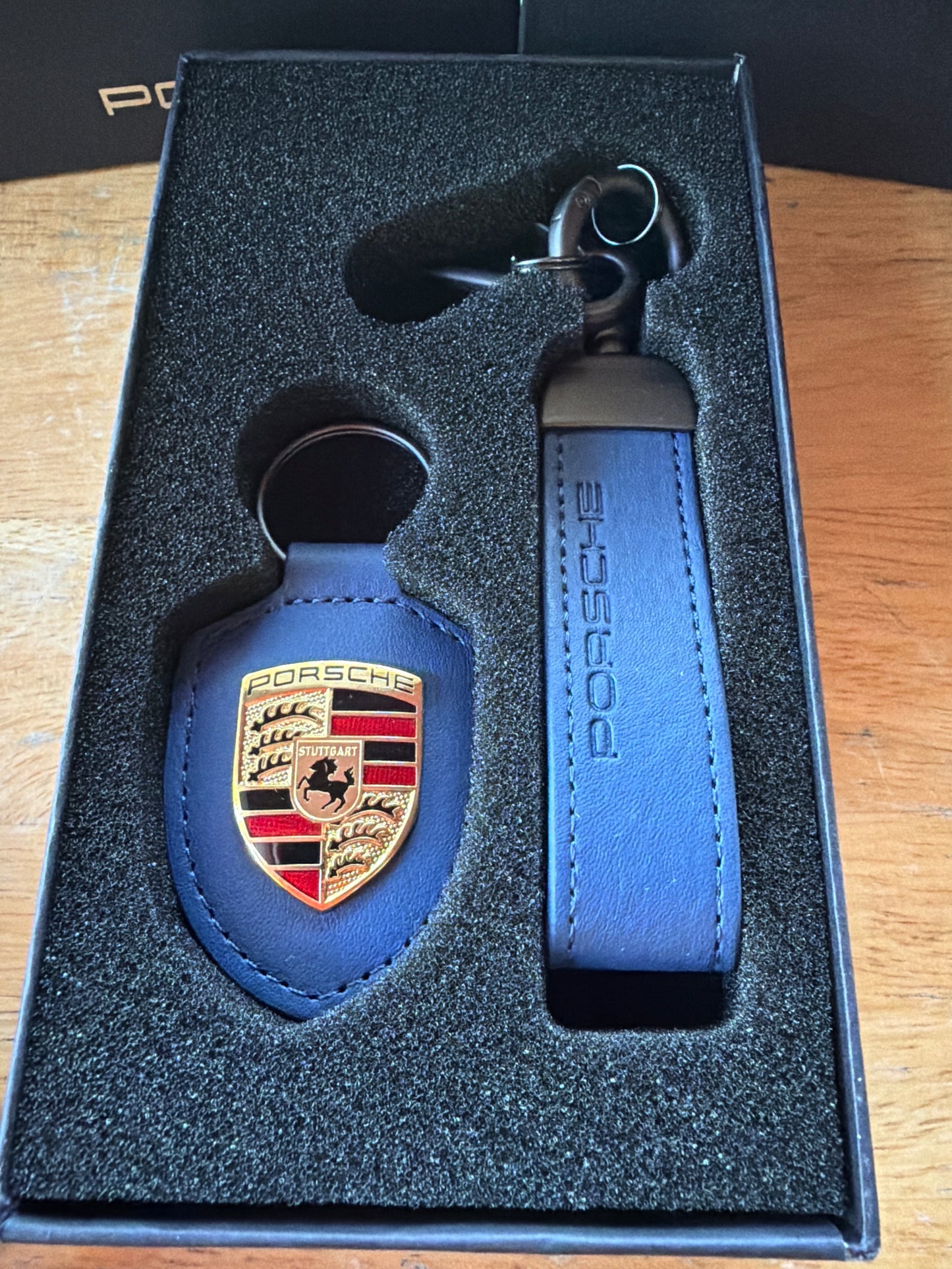 Blowout Sale Porsche Leather Royal Blue Crest Duo Key Fobs